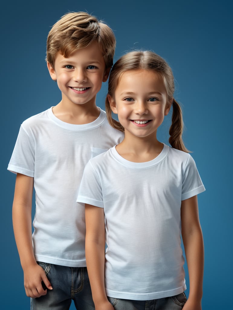 a boy and girl wearing white t-shirts, standing in front of blue background, blank shirts no print, 12 years old smiling toddlers, photo for apparel mock-up