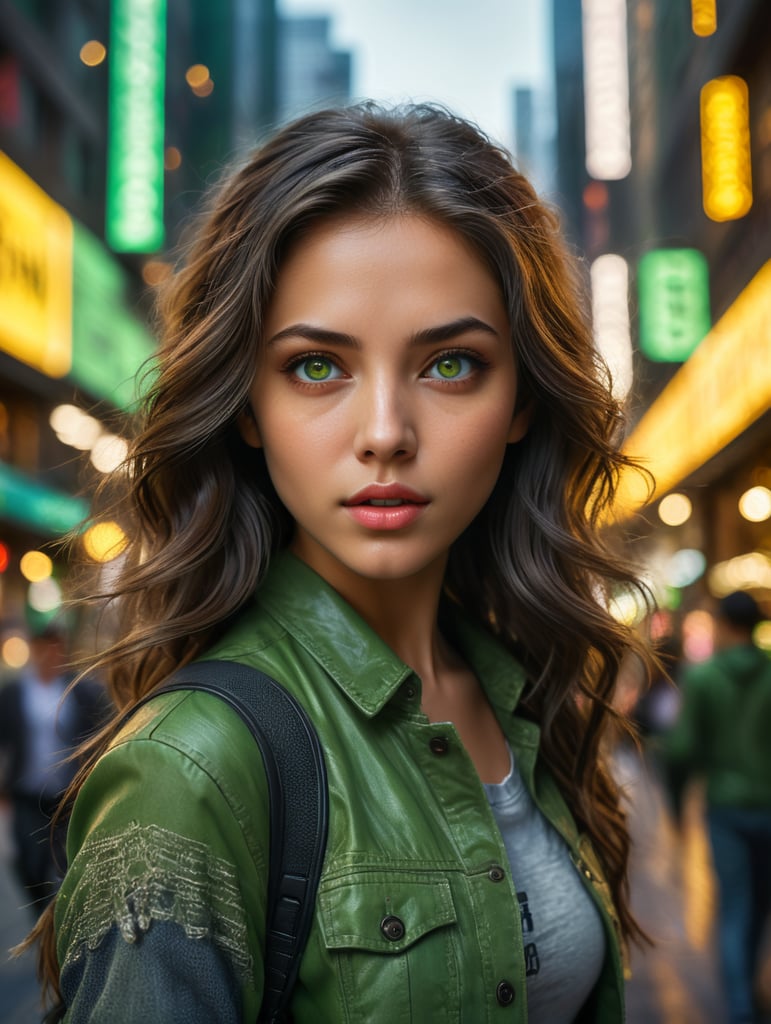 (extremely intricate:1.3), (realistic), photo of a girl in a bustling metropolis, weaving through crowded streets and dark alleyways, close up, Detailed clothes, green eyes, flowing hair, determined expression, shiny glossy skin, subsurface scattering, (sharp:0.7), [(colorful explosion psychedelic paint colors:1.21)::0.05], amazing fine detail, Nikon D850 film stock photograph Kodak Portra 400 camera f1.6 lens, rich colors, lifelike texture, dramatic lighting, urban environment, skyscrapers, neon signs, street vendors, dynamic composition, unreal engine, trending on ArtStation, cinestill 800 tungsten , volumetrics dtx, (film grain, blurry background, blurry foreground, bokeh, depth of field, motion blur:1.3)
