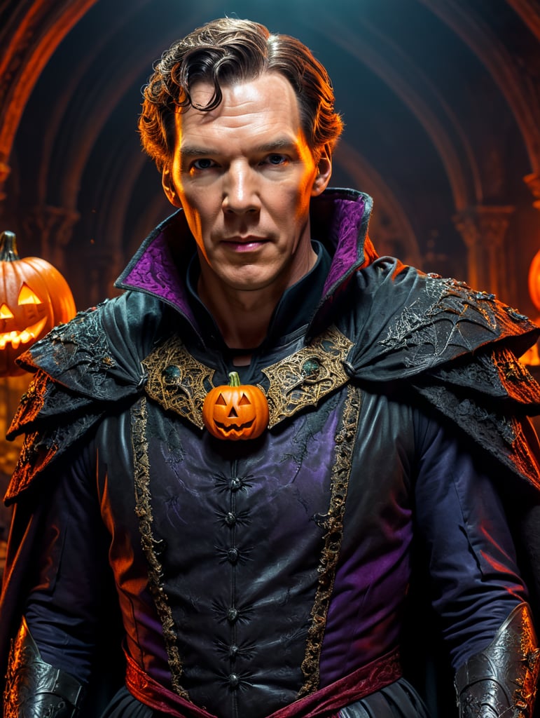 Benedict Cumberbatch wearing spooky Halloween costume, Vivid saturated colors, Contrast color