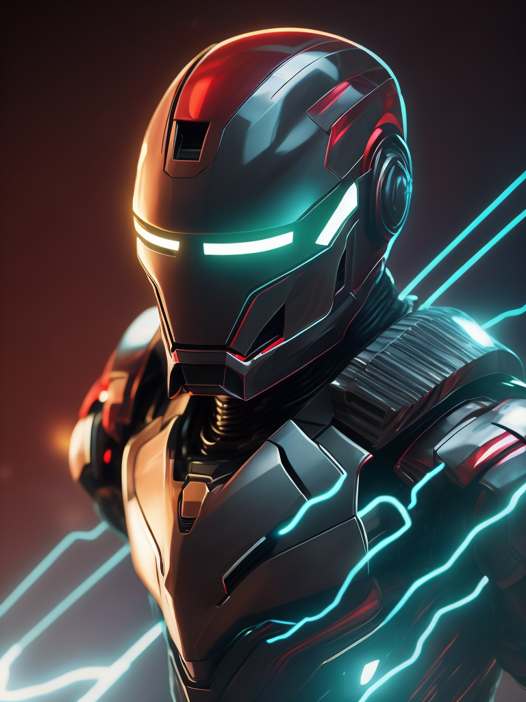 Chrome Ironman, Daft Punk style, laser light, neon, smoky