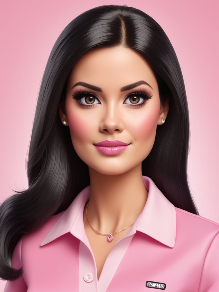 Drawing of an adult barbie elementary school teacher, oval face with thick body, white skin, black and straight hair color wearing pink clothes, black eyes