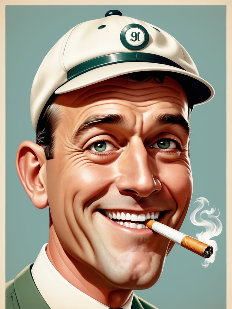 1950's style cartoon of a white man's face, with a golf cap on, looking to the side, smiling, smoking a cigarette, with big and wide eyes and a big smile.