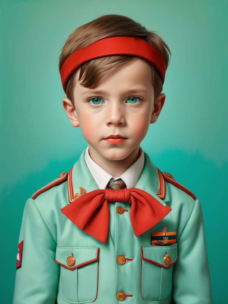 Portrait of child, half lenght, Wes Anderson style, Incredibly high detail, Bright colors, turquoise green and red colors,