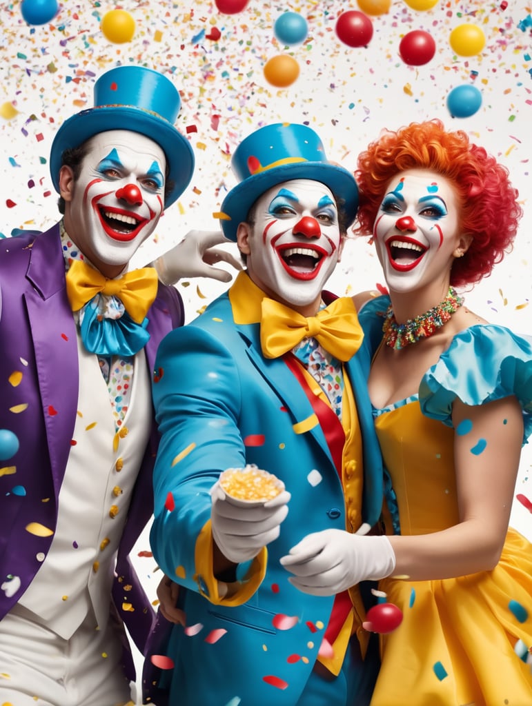 2 homens e uma mulher fantasiados de palhaços felizes jogando confetes e brincando no carnaval com fundo branco