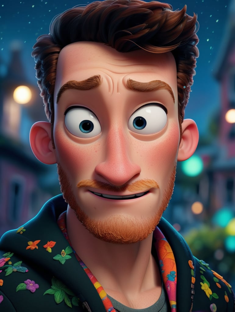 Beautiful ginger man with freckles, wearing a colorful, vibrant, detailed embroidered jacket, medium-full shot, at night