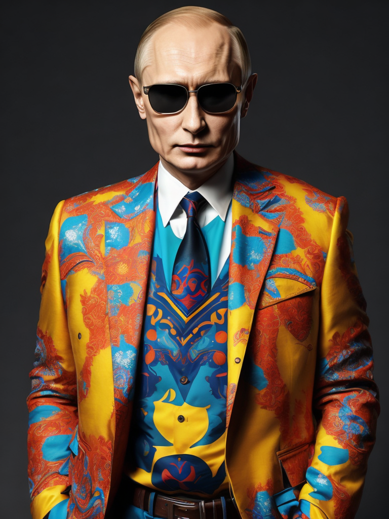 Vladimir Putin wearing a brightly patterned jacket and wayfarer glasses, Vivid saturated colors, Contrast color