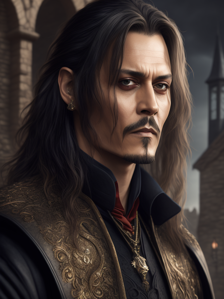 Portrait of Johnny Depp as Count Dracula, majestic look, long hair, mantle, against the backdrop of a medieval castle, detailed background, contrasting light, detailed face, muted tones