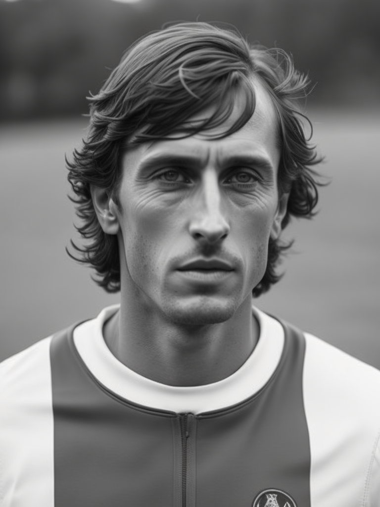 Johan Cruyff, highly detailed, realistic, Blurry background, sky, clouds, sunlight, Sports magazine, dramatic light, sharp focus, grayscale, focus, Ajax football uniform, bigger nose