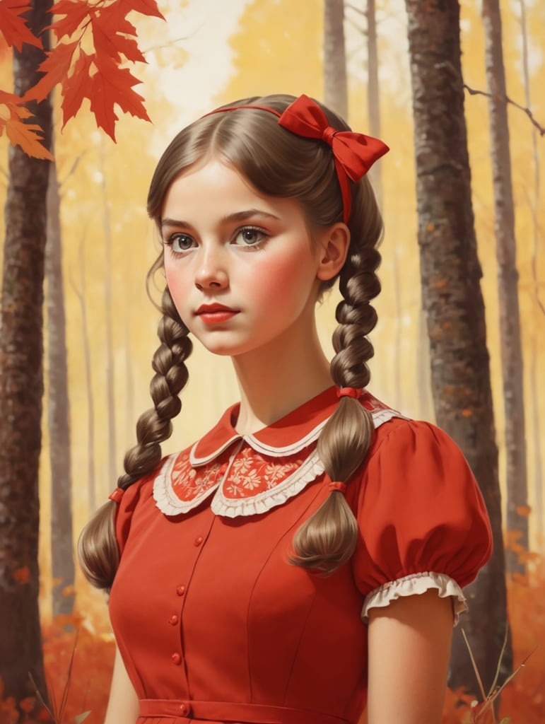 1960s portrait of soviet girl with bows and pigtails in red sundress, autumn forest, Genrih Valk illustration