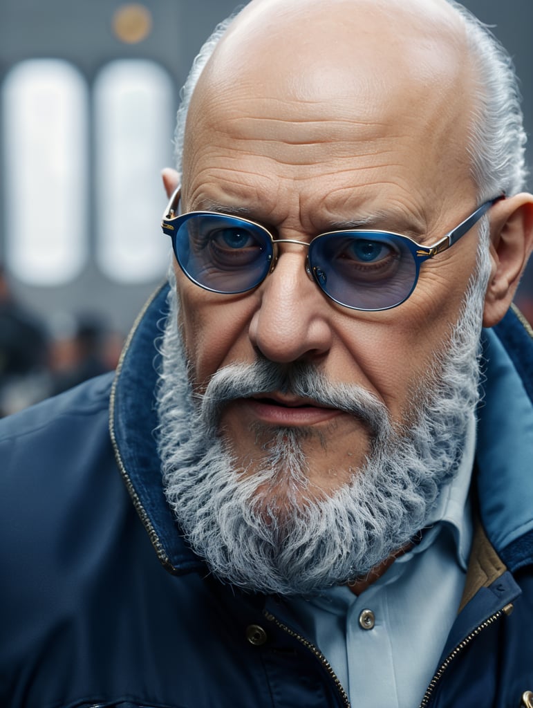 An old bald man with a gray beard, wearing a blue jacket and Moscot glasses