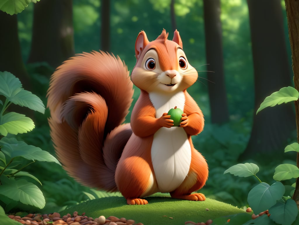 squirrel standing with a nut in his hands in a green forest thick leaves lush trees nature scenery picturesque landscapes enchanting foliage serene woodland botanical beauty