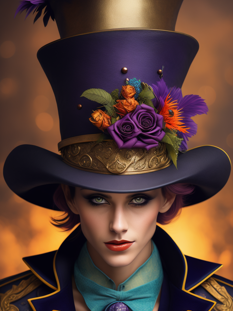 Mad hatter tea party wonderland top hat eccentric fantasy alice in wonderland quirky curious character, purple hair, Bright, saturated colors, elegant, highly detailed, fashion, fashion magazine, exentric makeup, sharp focus, dramatic lighting, shallow depth of field, incredibly high detailed blurred background, professional digital painting, concept art