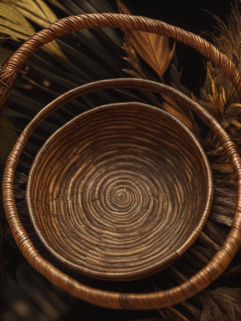 Foto de artesanía precolombina, una canasta hecha a mano con hojas de palma seca