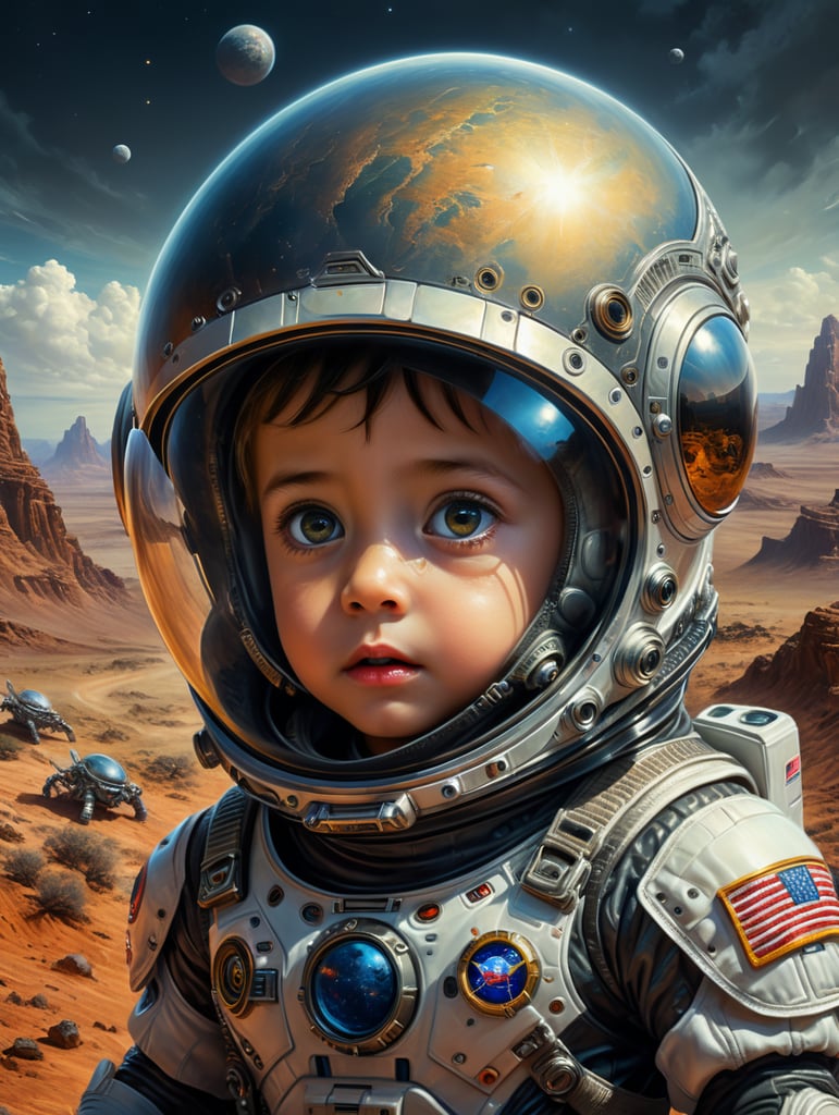 a child in a space suit with a surprised look on his face