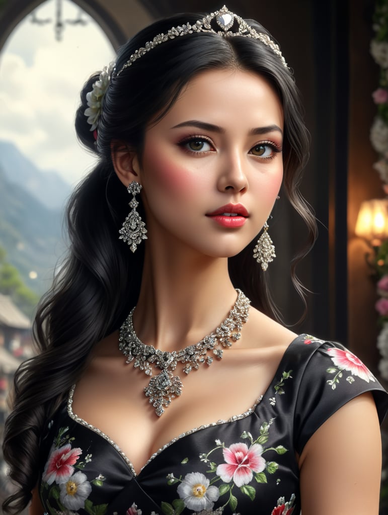 She is beautiful with heart shaped face, doe shaped eyes, small lips, sharp nose, black hair which is in a low pony tail, wears a floral frock, has diamond earrings and diamond necklace