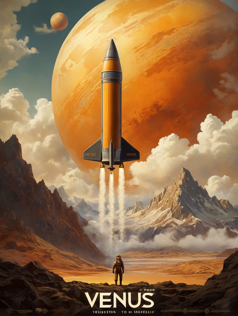 A vintage travel poster for Venus in portrait orientation. The scene portrays the thick, yellowish clouds of Venus with a silhouette of a vintage rocket ship approaching. Mysterious shapes hint at mountains and valleys below the clouds. The bottom text reads, 'Explore Venus: Beauty Behind the Mist'. The color scheme consists of golds, yellows, and soft oranges, evoking a sense of wonder.