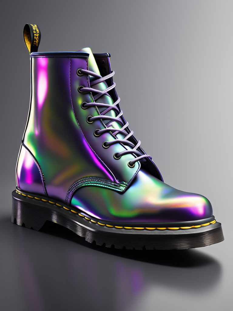 MADE OF IRIDESCENT FOIL + a holographic transparent shoe by dr.martens, octane render, blender, realistic, detailed