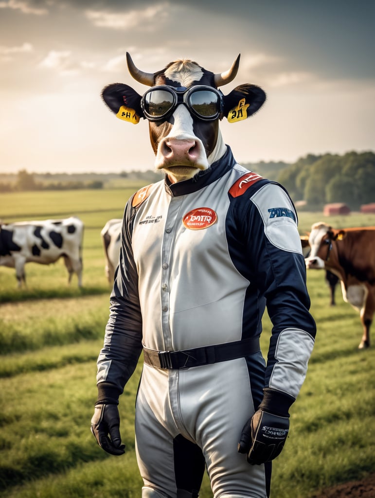 Draw a cow standing in a farm field. The cow is wearing an auto racing uniform, and the cow is wearing racing goggles.