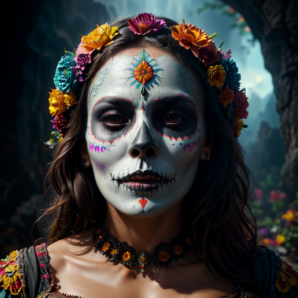 catrina in radiant collors, highly detailed. Tasteful and beautiful. 4k, cinematic, 3d render, realistic