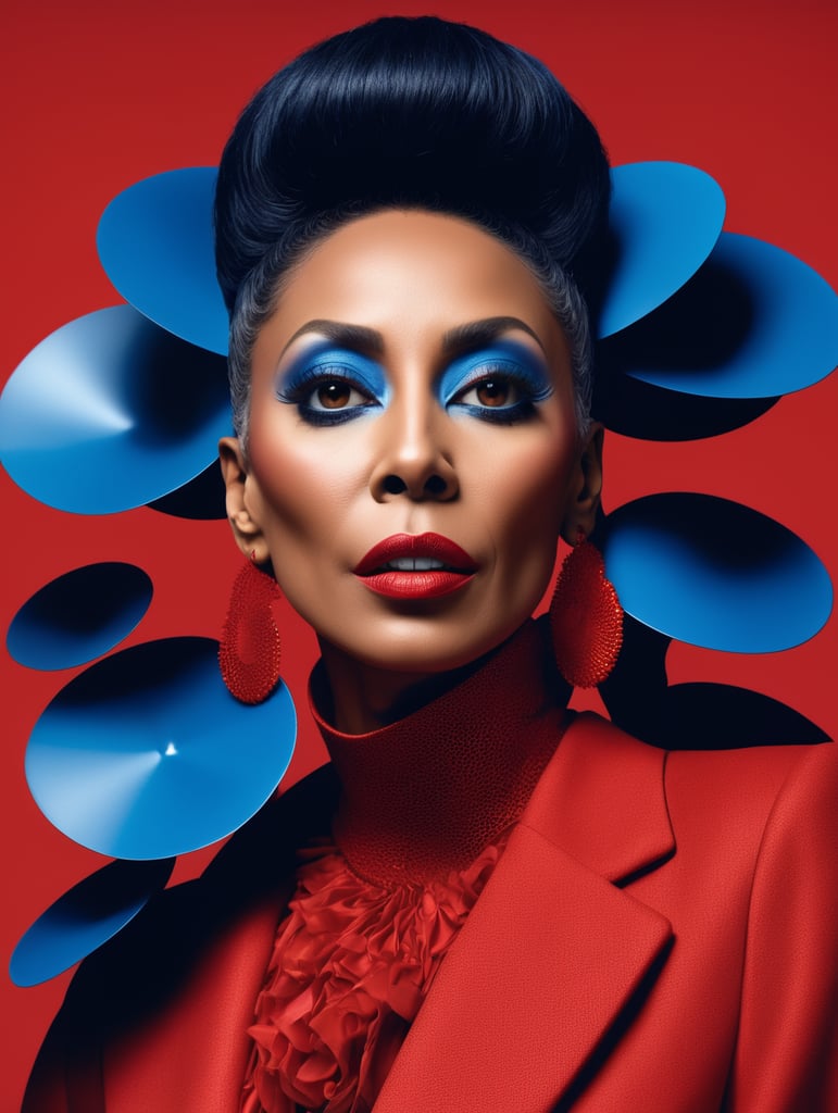 Donyale luna, avant-garde, simplygo, photoshoot spread, dressed in all red, blue background, harpers bizarre, cover, headshot, hyper realistic