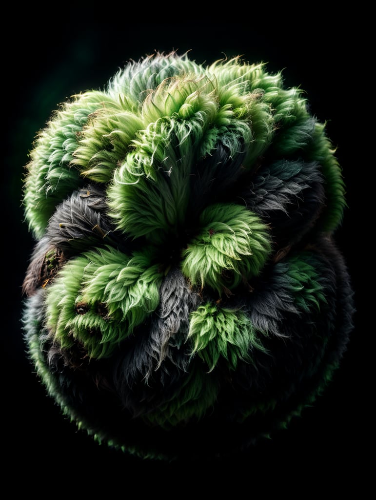 green fluffy ball, isolated, black background