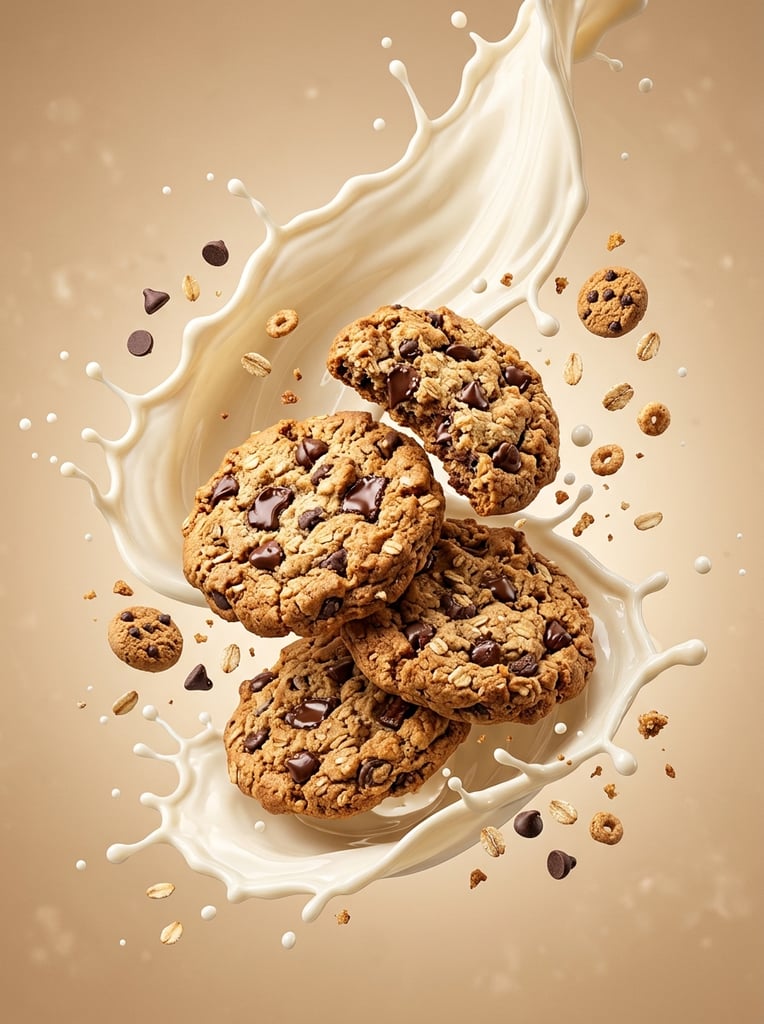 Create a vertical studio food advertising image of chocolate chip cookies exploding through a dramatic splash of creamy milk. In the center, show several large round cookies floating in mid-air, stacked and overlapping, with golden-brown baked texture, rough crumb detail, visible oats, and many glossy dark chocolate chips. The cookies should look thick, crunchy on the outside, and freshly baked. Behind and around the cookies, create a tall dynamic wave of milk or vanilla cream, splashing upward in smooth sculptural ribbons with droplets flying in different directions. The milk splash should look glossy, thick, creamy, and fluid, wrapping around the cookies like a frozen motion effect. Add smaller floating elements around the main splash: mini cookies, chocolate chips, oat flakes, cereal pieces, and tiny crumbs. Keep the composition energetic but clean, with the main cookies sharply in focus. Use a warm beige studio background with a soft gradient. Lighting should be bright and polished, with creamy highlights on the milk, crisp shadows, and strong detail in the cookie texture. The color palette should feel appetizing and premium: warm biscuit gold, dark chocolate brown, creamy white, soft caramel beige, and subtle toasted oat tones. Style: high-end commercial food photography, dynamic frozen motion, floating dessert composition, realistic splash effect, clean studio setup, sharp texture detail, premium snack advertising, no text, no logo, no packaging.