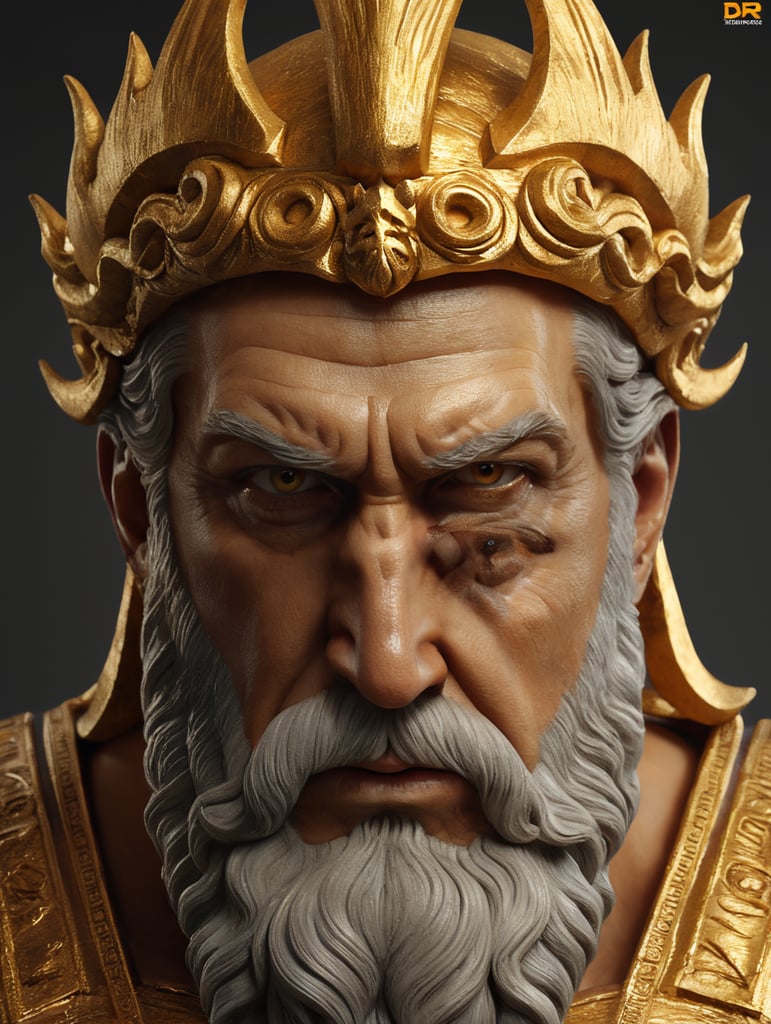 A realistic Golden head sculpture of greek god Zeus, neutral background, moody, angry, photorealistic, movie scene, super detailed, hyperrealistic