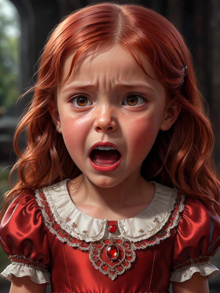 red straight haired little girl cartoon with brown eyes and red dress crying