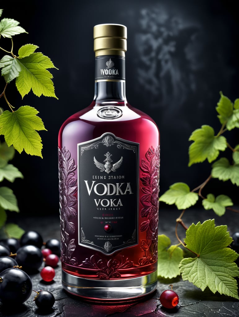 Packaging and branding for a vodka brand as if it had been designed by HI ESTUDIO with In a set design with bricks, black currant and dry leaves.