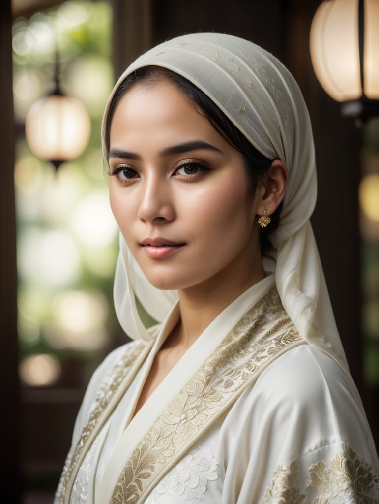 Indonesian women with hijab in white kimono