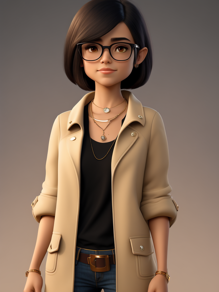 Girl, black hair, Brown eyes, glasses and necklace, Full body, standing centered, Pixar style, 3d style, disney style, 8k, Beautiful, Pixar style girl with black hair brown eyes glasses and necklace