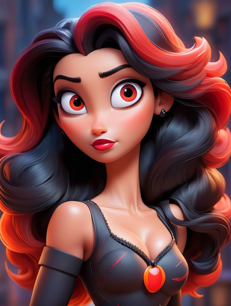 Hot female with red eyes, black hair and built body