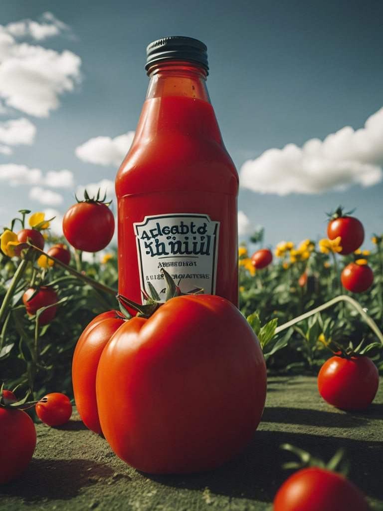 several red tomatoes stacked togethe forming a heinz ketchup bottle with some leaves around it, beautiful tomato plantation in the background and a blue sky, short grass and yellow flower + yellow flowers + creamy light + ambient lighting + very beautiful colors
