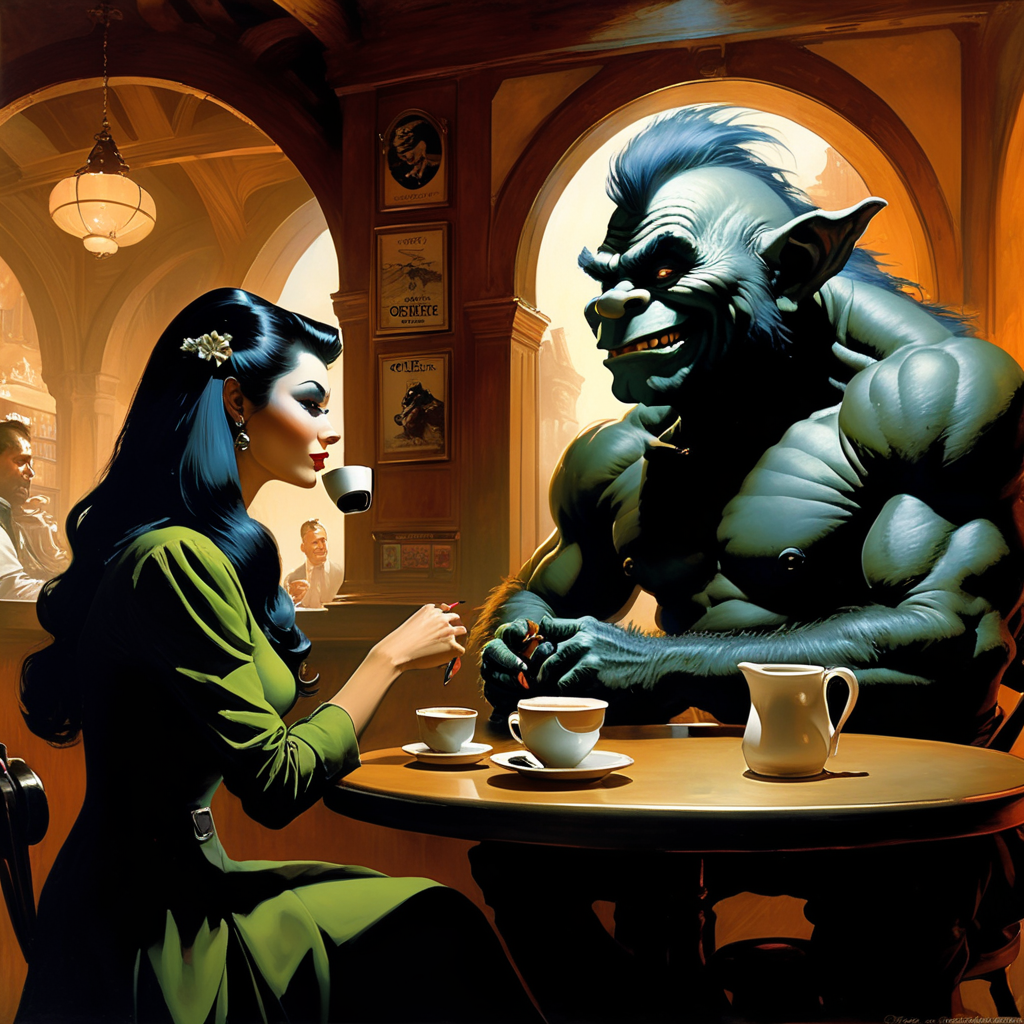 A troll and a woman have a coffee in an internet cafe. The woman is dressed smart casual. They are in an internet cafe. Frank Frazetta fantasy style art.