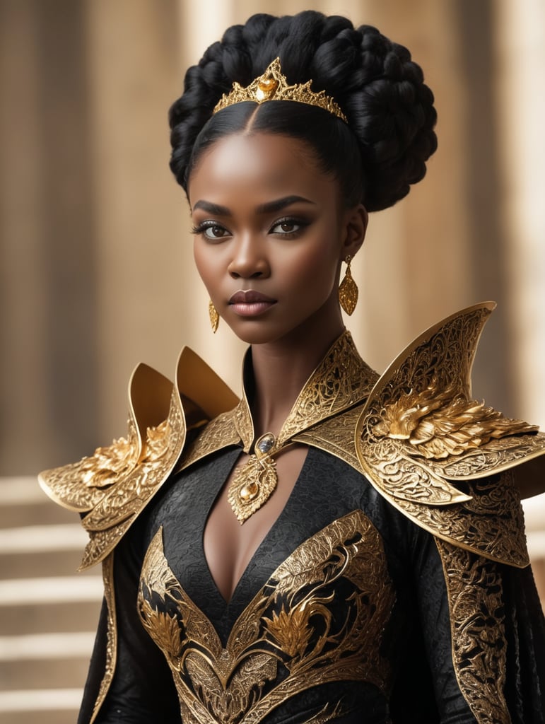 A black queen of Westeros, her skin rich as obsidian, strides confidently in a golden gown that dances around her ankles. A fearsome dragon, its eyes glowing like embers, perches majestically on the back of her dress, showcasing their intertwined power. Capture the essence of Game of Thrones, with a mix of medieval grandeur and raw, untamed beauty.