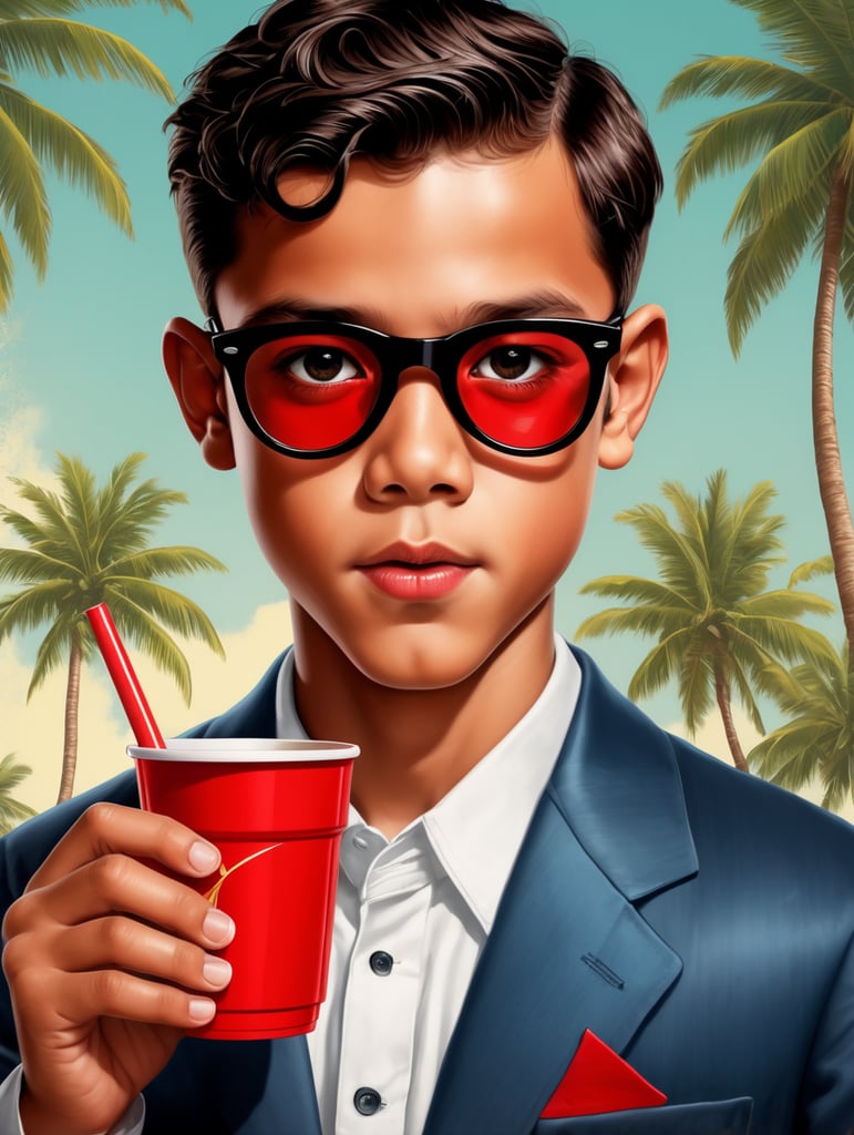 Miami young boy holding a red cup, poster-style drawing and illustration representing the iconic pulp style.