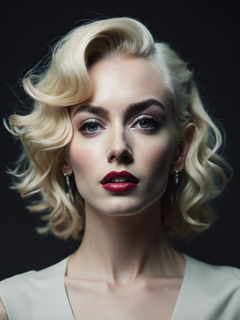 Portrait of Marilyn Monroe, ultra realistic, blonde hair, white dress, bright makeup, gradient background,