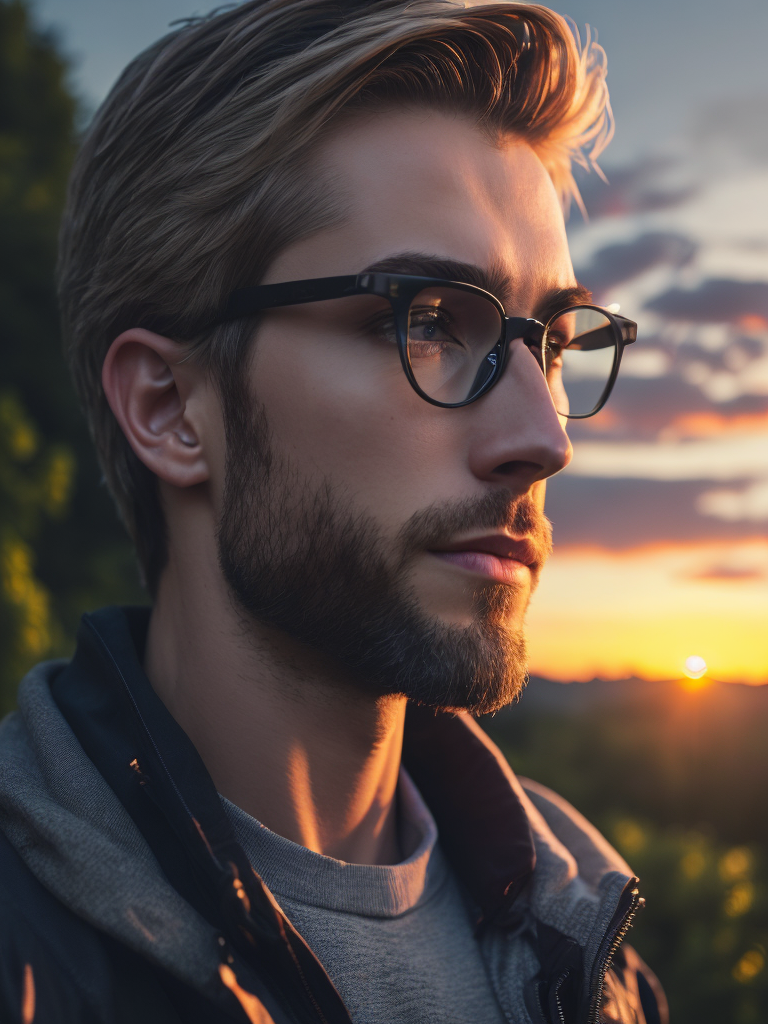 Blond man with glasses looking towards the sunset with a nature background, oval face
