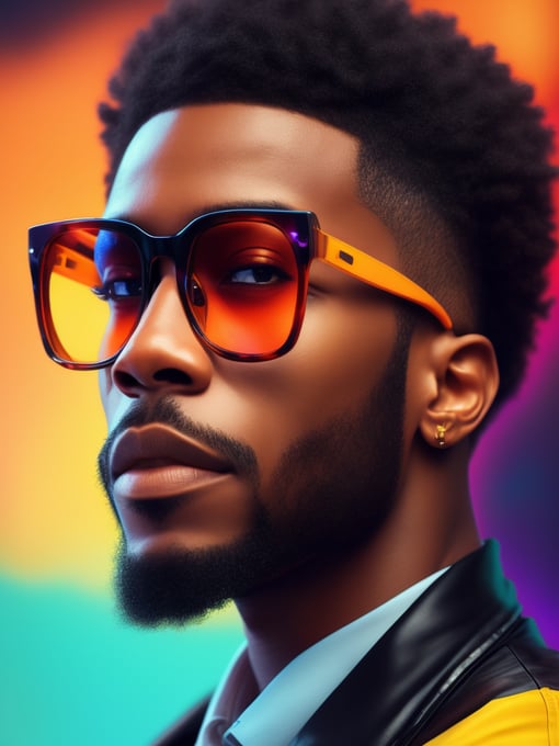 Detailed portrait of the singer the Weekend, Glasses with colored lenses, bright saturated colors, with a small beard, afro hairstyle, bright gradient background