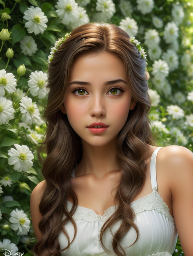 An 18-year-old girl, with brown eyes, full lips, long wavy brown hair, wearing a white top and a white skirt. In the style of the Pixar Universe. The background is delicate, against a background of green flowers.Disney. Name Alina.