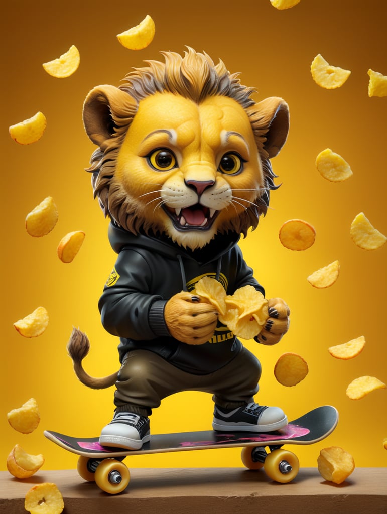 a cute mascot lion character eating potatoe chips, wearing black hoodie, on a skateboard, potatoe yellow color, funko pop, vibrant gradient background,