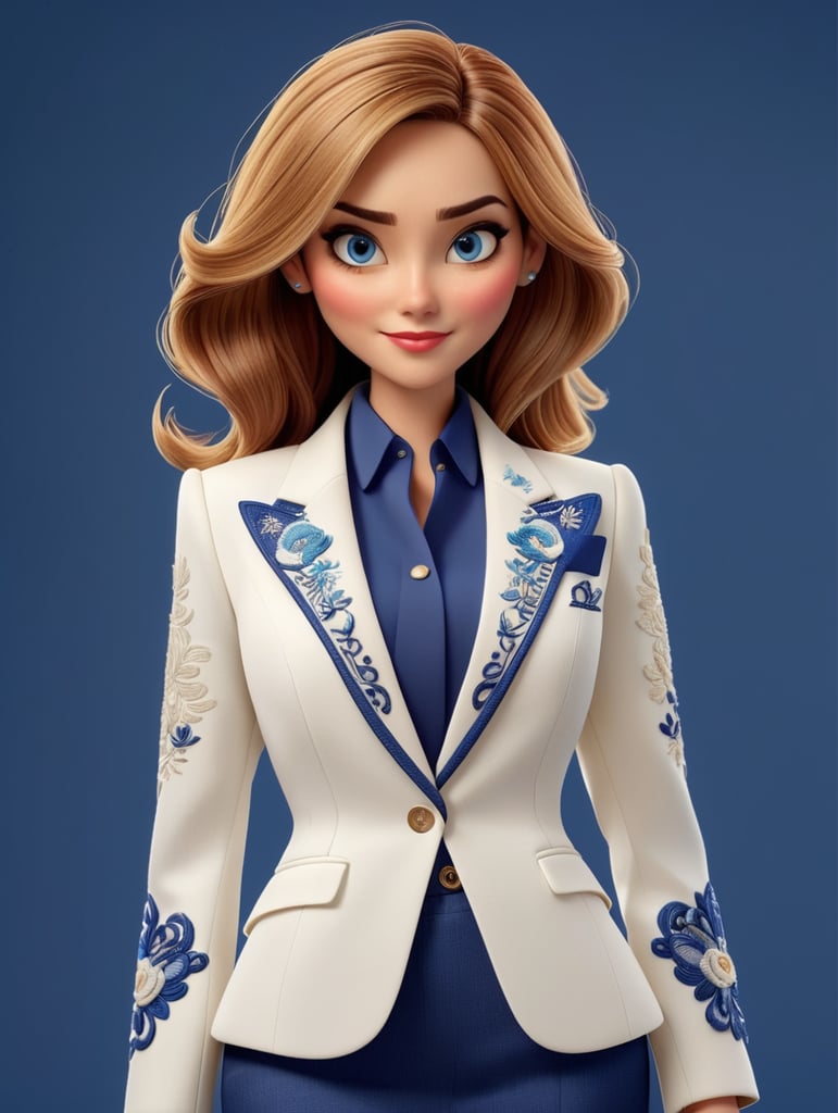 women secretarie blue blaizer detailed embroidery medium full withe background outfit fashionable handsome