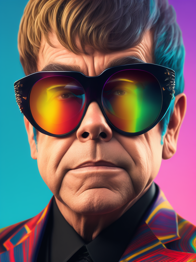 Portrait of Elton John with star-shaped glasses, Against a bright gradient, Vivid saturated colors, Contrast color