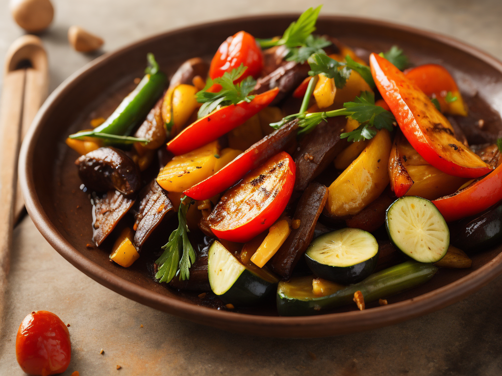 grilled vegetables on a clay plate. lots of light in a bright room