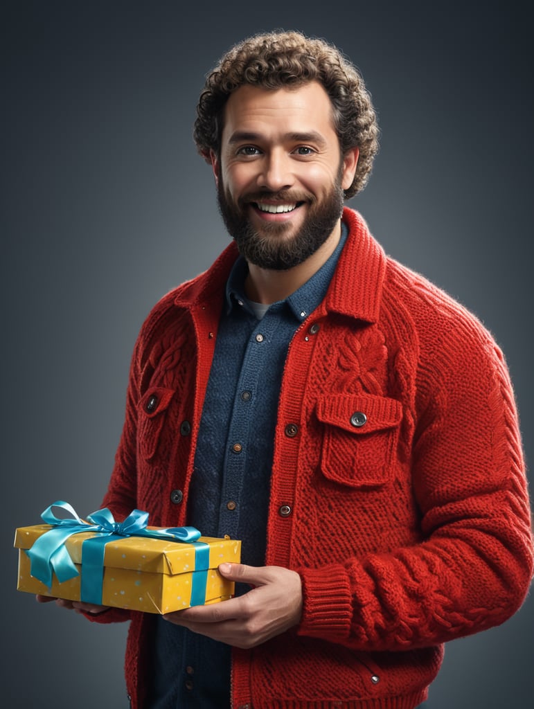 portrait of a bearded curly man wearing red knitted jacket, stands front camera with gift box his hand, happy birthday images, spring time