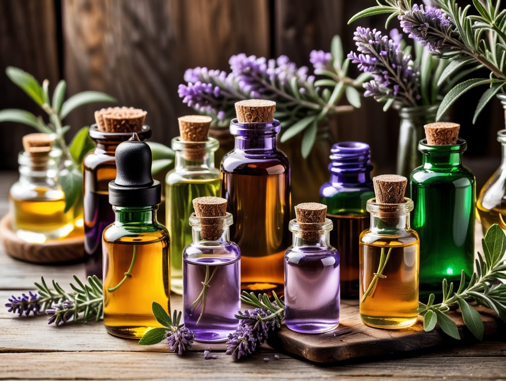 An assortment of essential oil bottles with fresh plants from which they're derived, like lavender, peppermint, and rosemary, arranged on a wooden surface.
