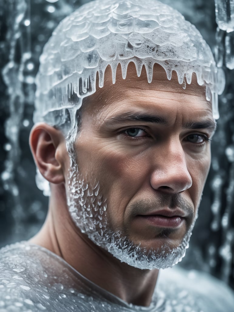 Portrait of a Translucent man made from the ice, organs are visible through the ice