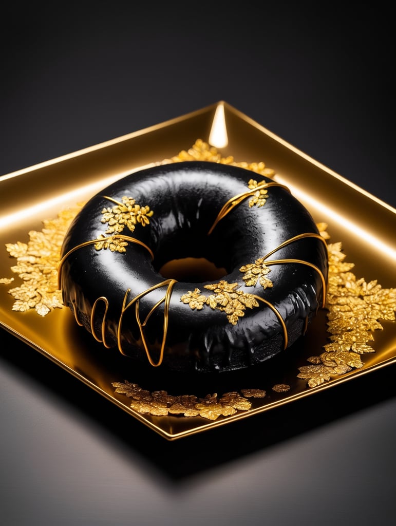 черный пончик покрыт золотом лежит на черном столе, черная комната, слабое освещение