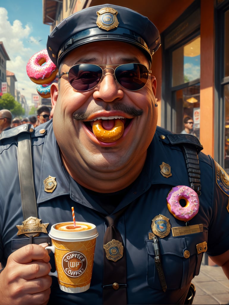 very fat cop with donut and cup of coffee, happy, sunglasses, image, portrait