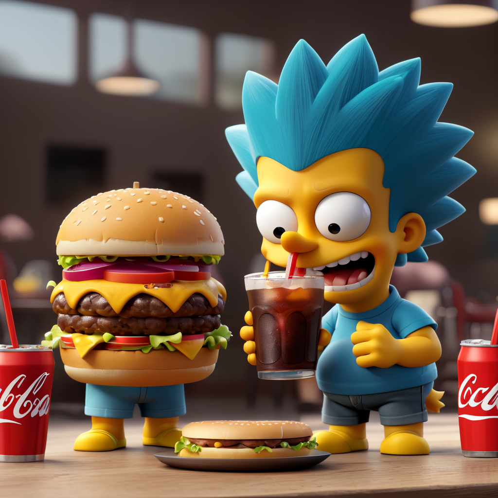 bart simpson eat hamburger and drink coke